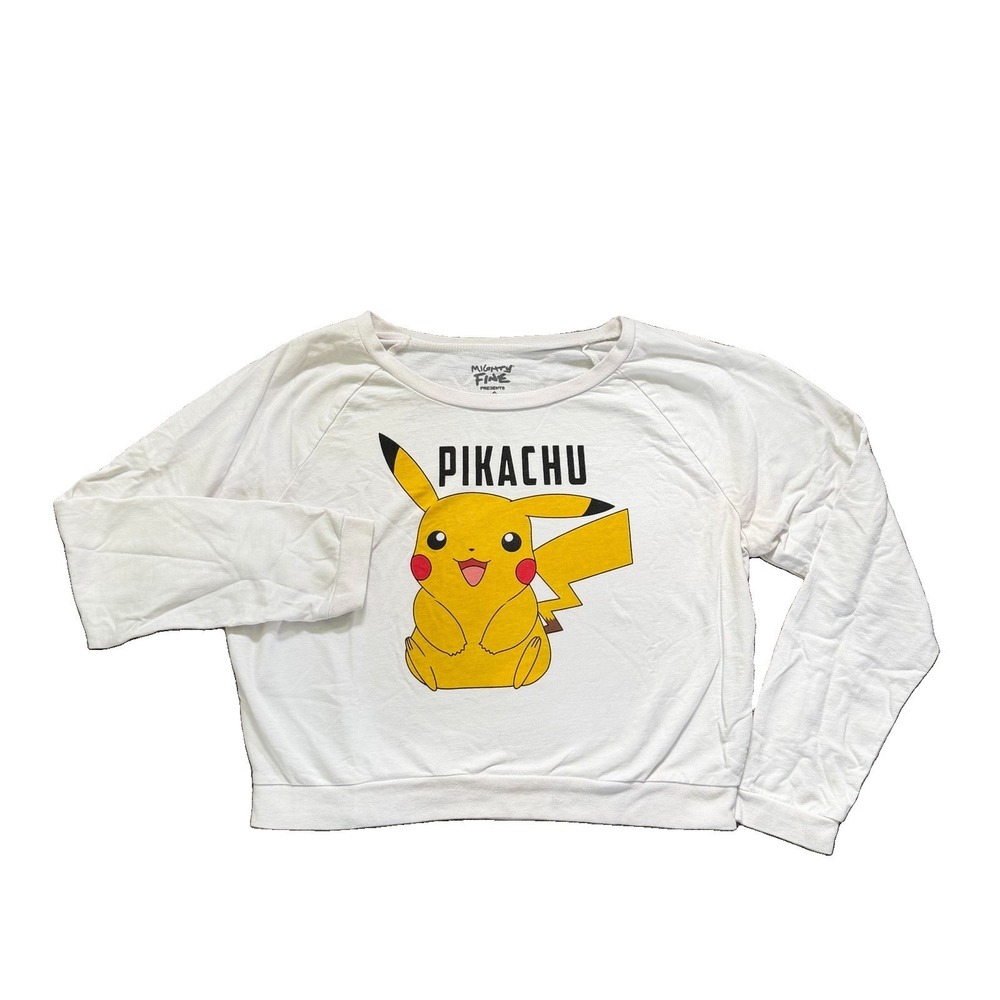 Mighty Fine Pokemon Teen XL White Cropped Pikachu Sweatshirt Gaming Cards 2014